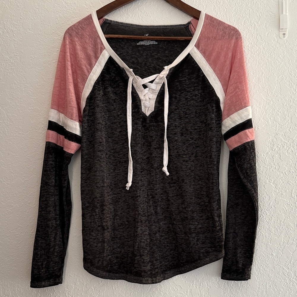 Bobbie Brooks Pink Black Lace Up Long Sleeve Top Medium Casual Pullover Shirt